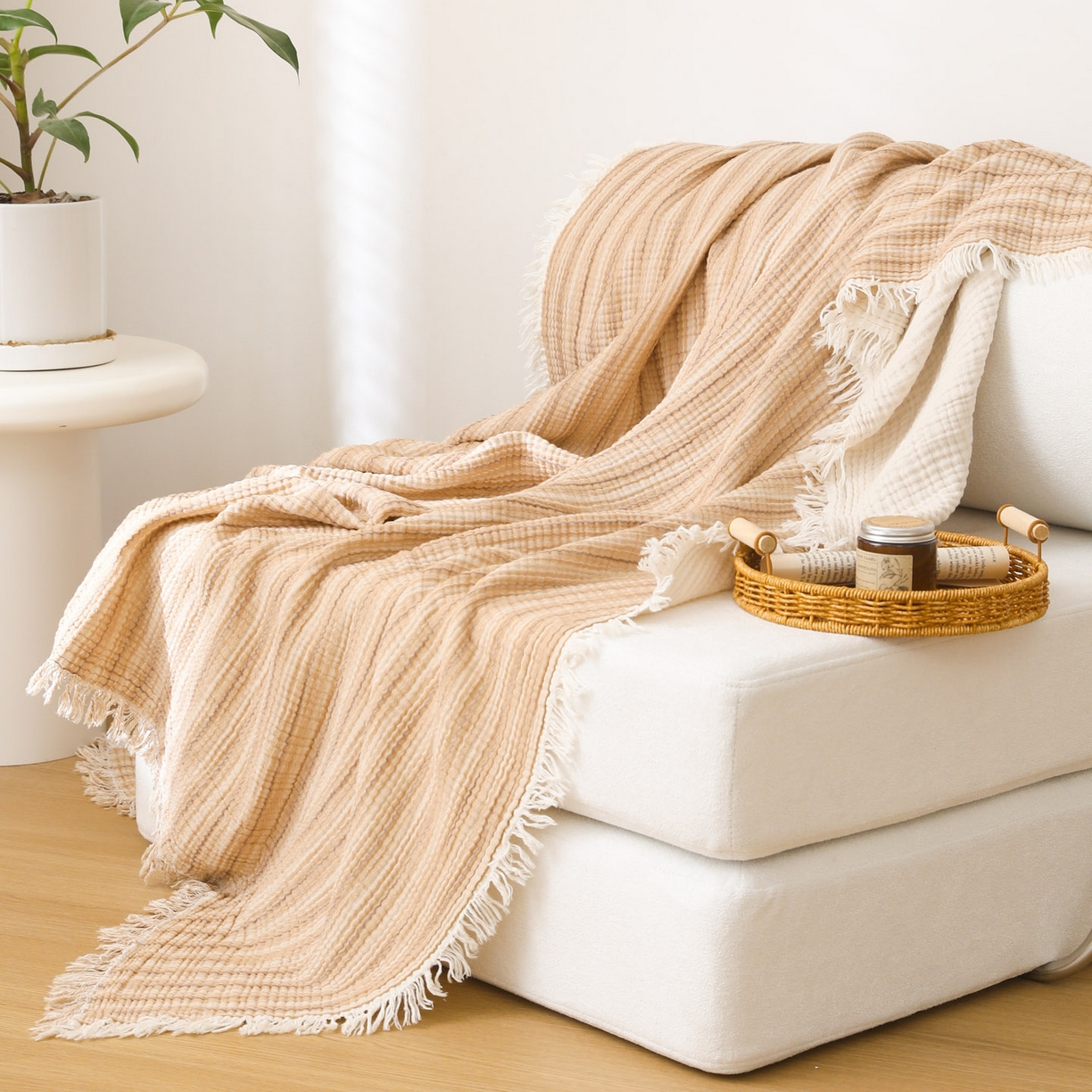 91家纺网 家纺一手货源 找家纺 简宜家居（朝初家纺） 2025新款全棉100%棉四层纱流苏边毛毯子 流苏-奶茶