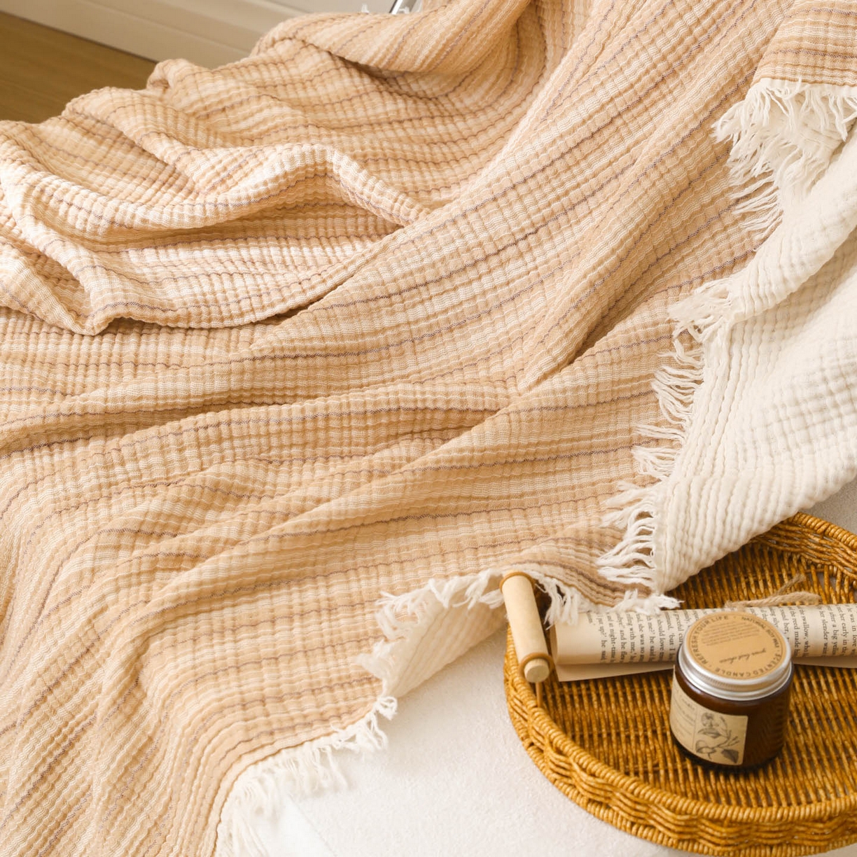 91家纺网 家纺一手货源 找家纺 简宜家居（朝初家纺） 2025新款全棉100%棉四层纱流苏边毛毯子 流苏-奶茶