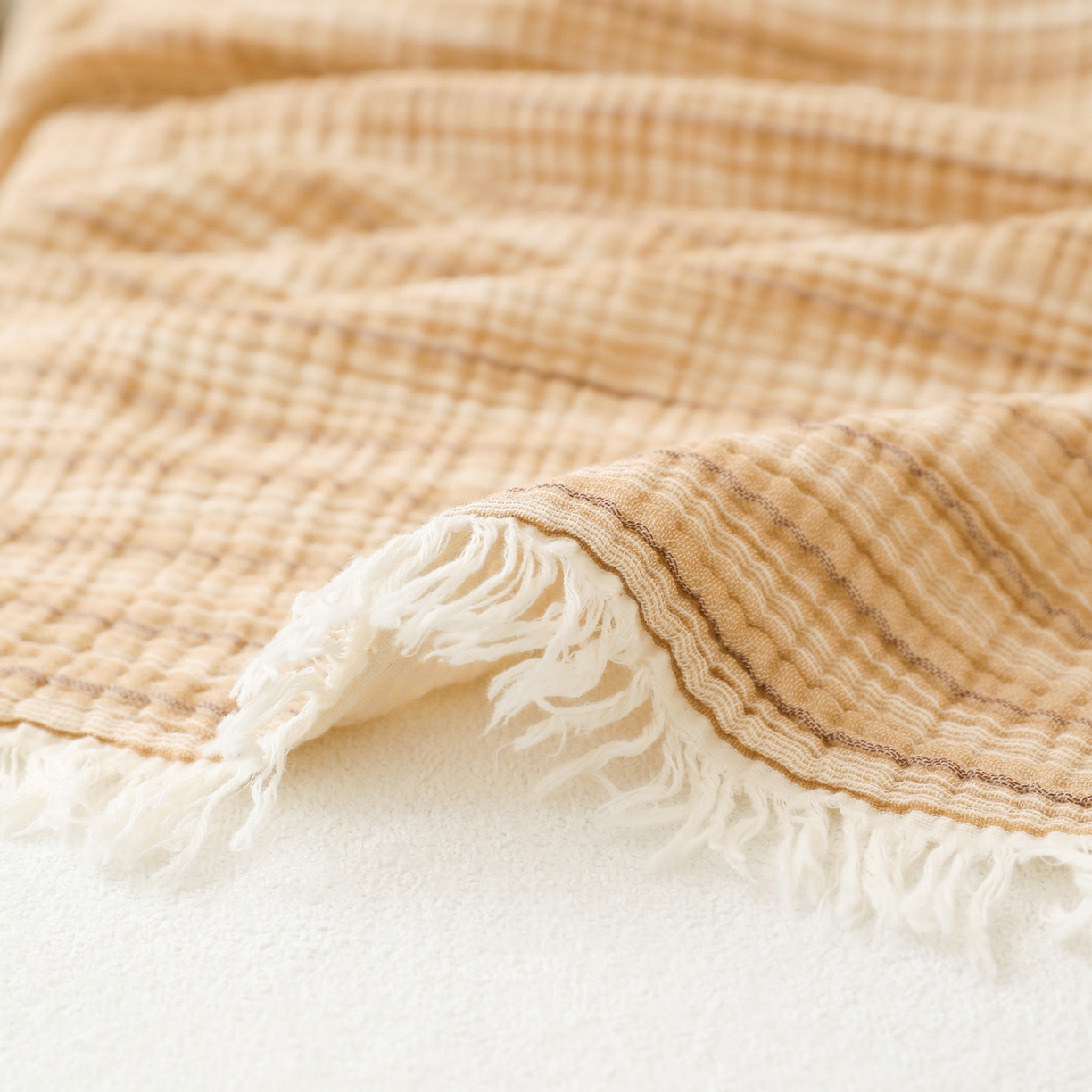 91家纺网 家纺一手货源 找家纺 简宜家居（朝初家纺） 2025新款全棉100%棉四层纱流苏边毛毯子 流苏-奶茶