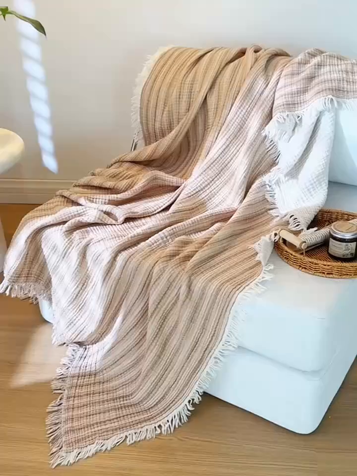 91家纺网 家纺一手货源 找家纺 简宜家居（朝初家纺） 2025新款全棉100%棉四层纱流苏边毛毯子 流苏-奶茶