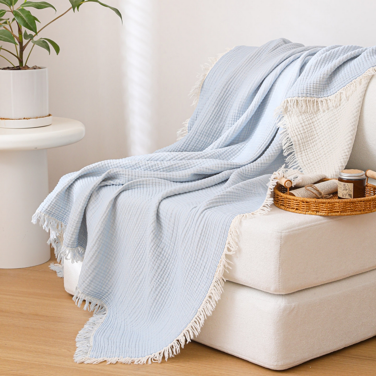 91家纺网 家纺一手货源 找家纺 简宜家居（朝初家纺） 2025新款全棉100%棉四层纱流苏边毛毯子 流苏-浅川蓝