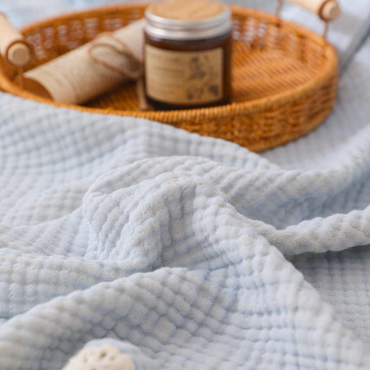 91家纺网 家纺一手货源 找家纺 简宜家居（朝初家纺） 2025新款全棉100%棉四层纱流苏边毛毯子 流苏-浅川蓝