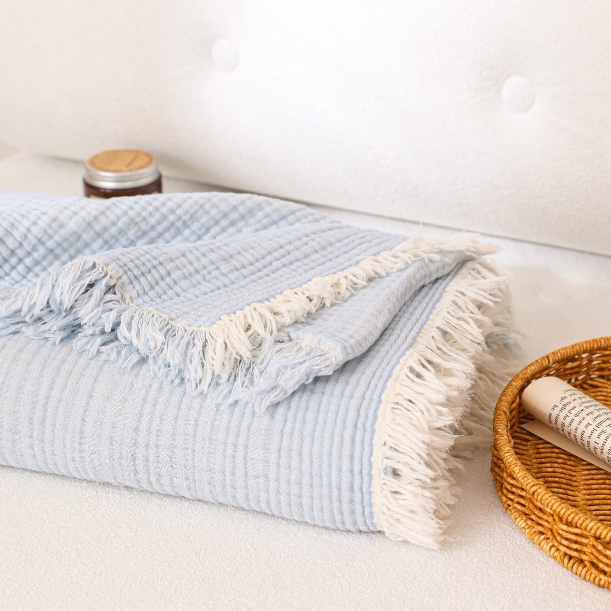 91家纺网 家纺一手货源 找家纺 简宜家居（朝初家纺） 2025新款全棉100%棉四层纱流苏边毛毯子 流苏-浅川蓝