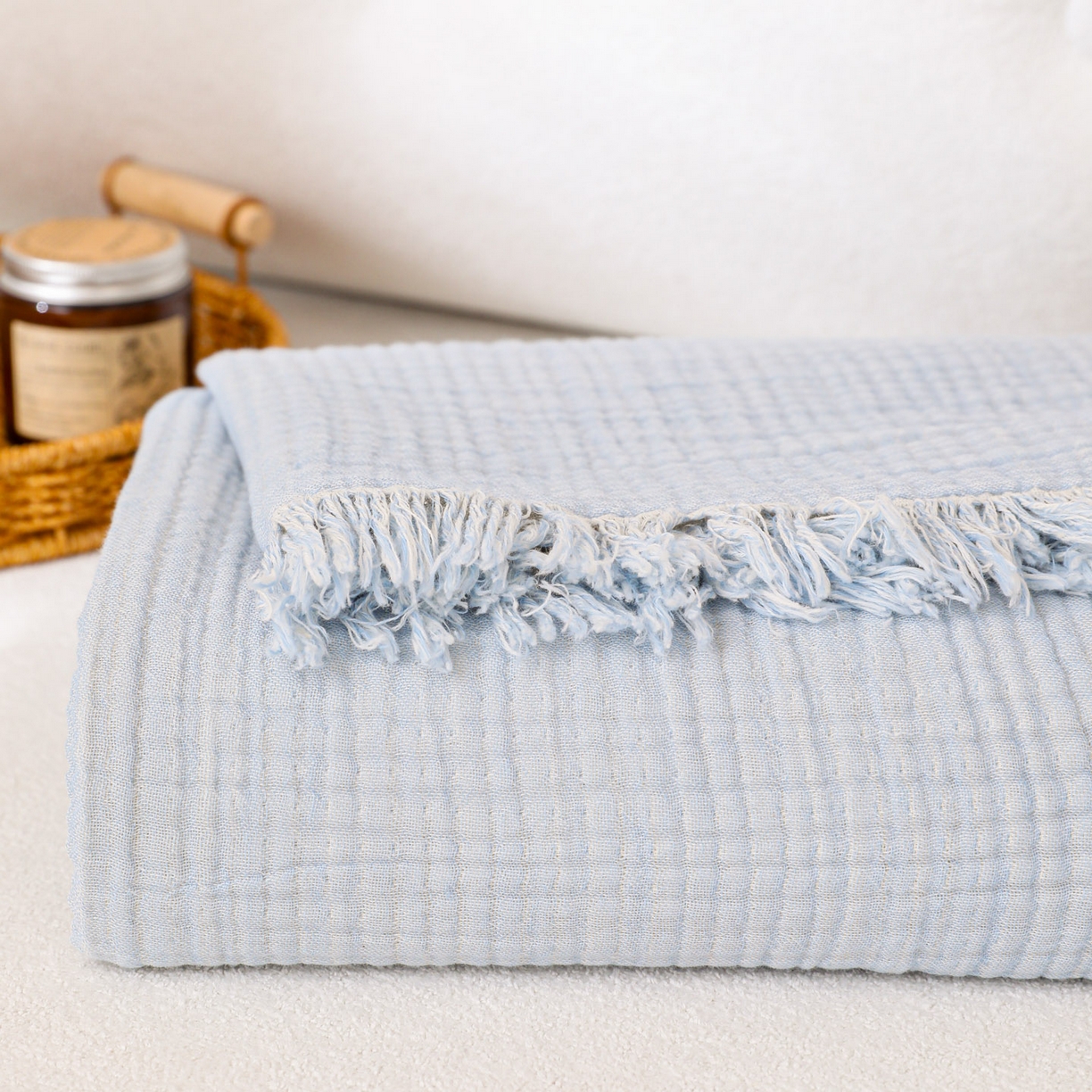 91家纺网 家纺一手货源 找家纺 简宜家居（朝初家纺） 2025新款全棉100%棉四层纱流苏边毛毯子 流苏-浅川蓝