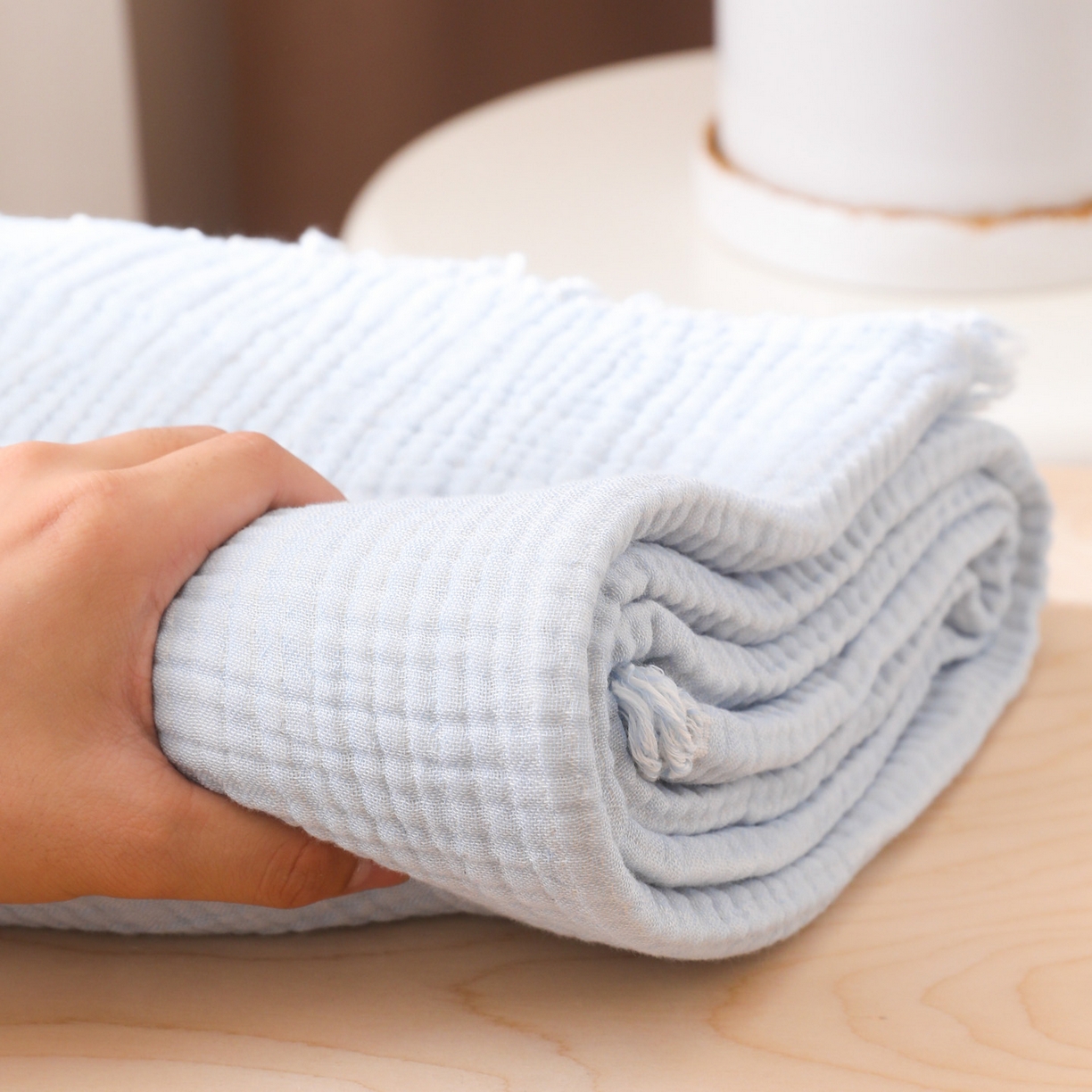 91家纺网 家纺一手货源 找家纺 简宜家居（朝初家纺） 2025新款全棉100%棉四层纱流苏边毛毯子 流苏-浅川蓝