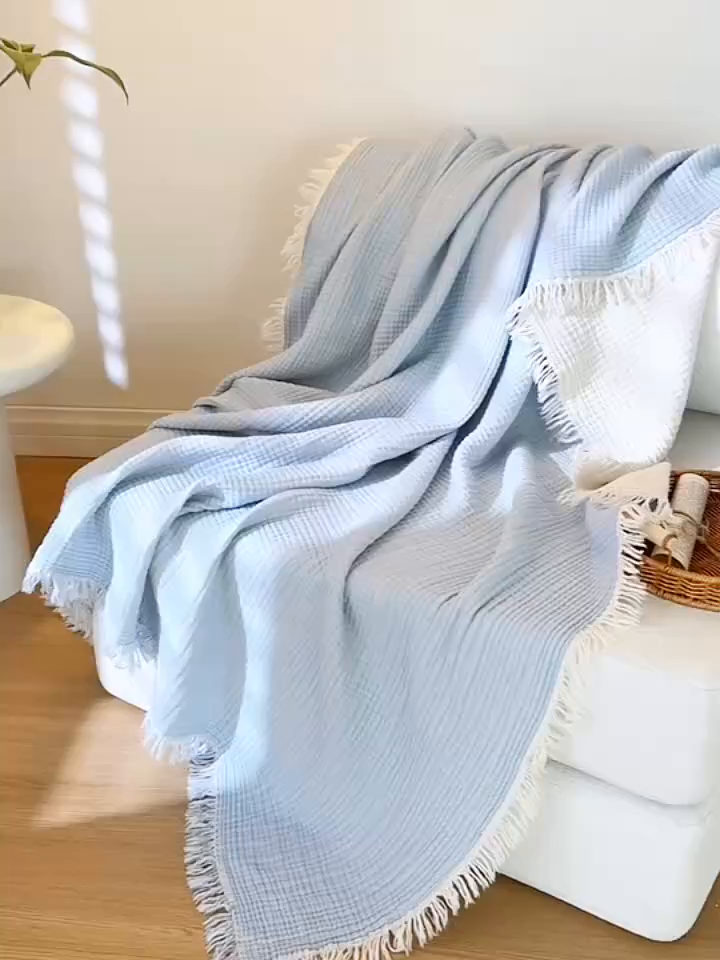 91家纺网 家纺一手货源 找家纺 简宜家居（朝初家纺） 2025新款全棉100%棉四层纱流苏边毛毯子 流苏-浅川蓝