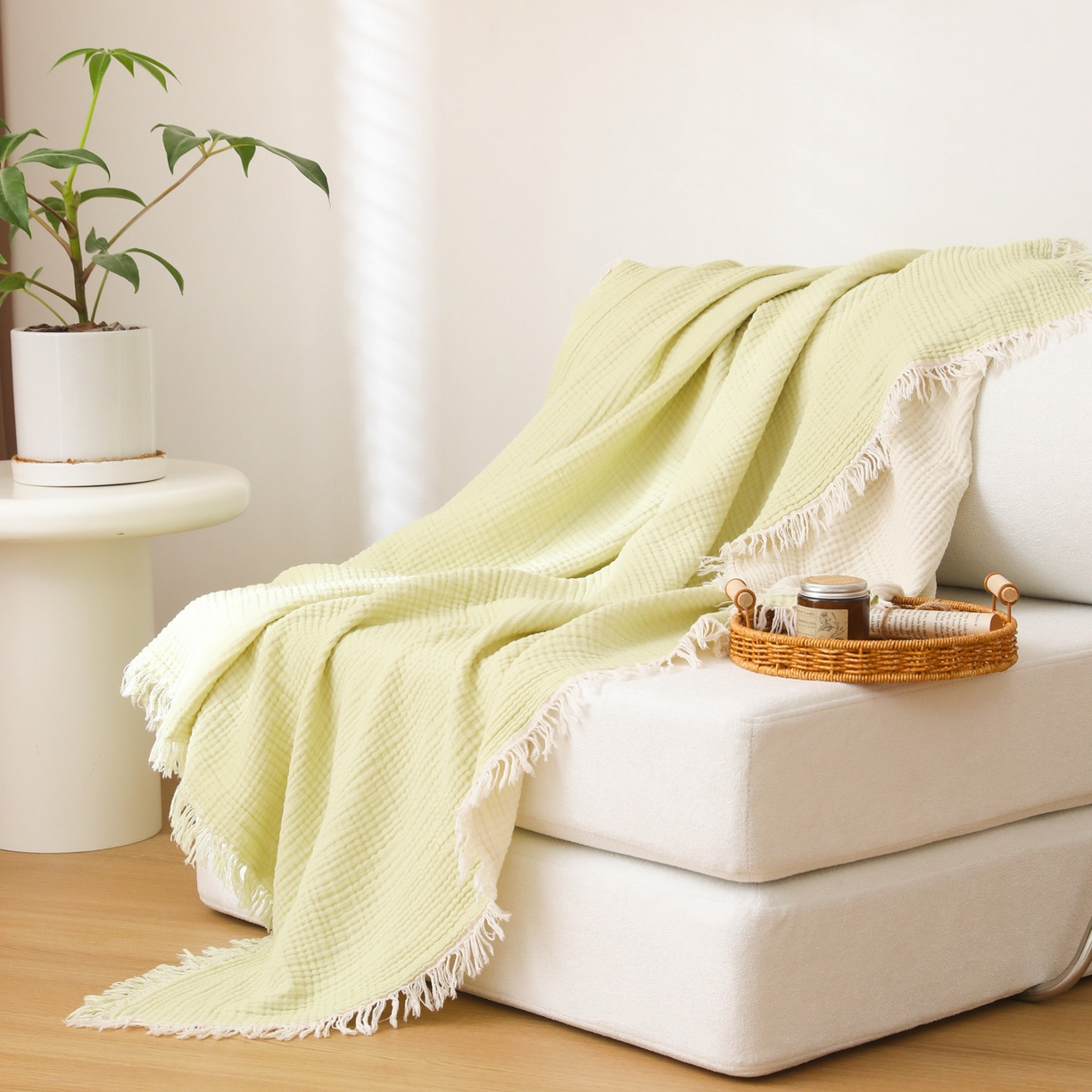 91家纺网 家纺一手货源 找家纺 简宜家居（朝初家纺） 2025新款全棉100%棉四层纱流苏边毛毯子 流苏-浅豆绿