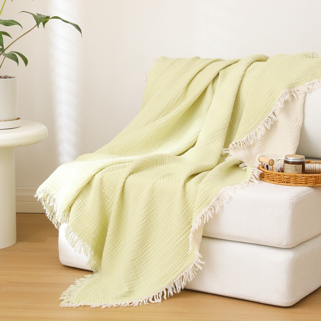 91家纺网 家纺一手货源 找家纺 简宜家居（朝初家纺） 2025新款全棉100%棉四层纱流苏边毛毯子 流苏-浅豆绿