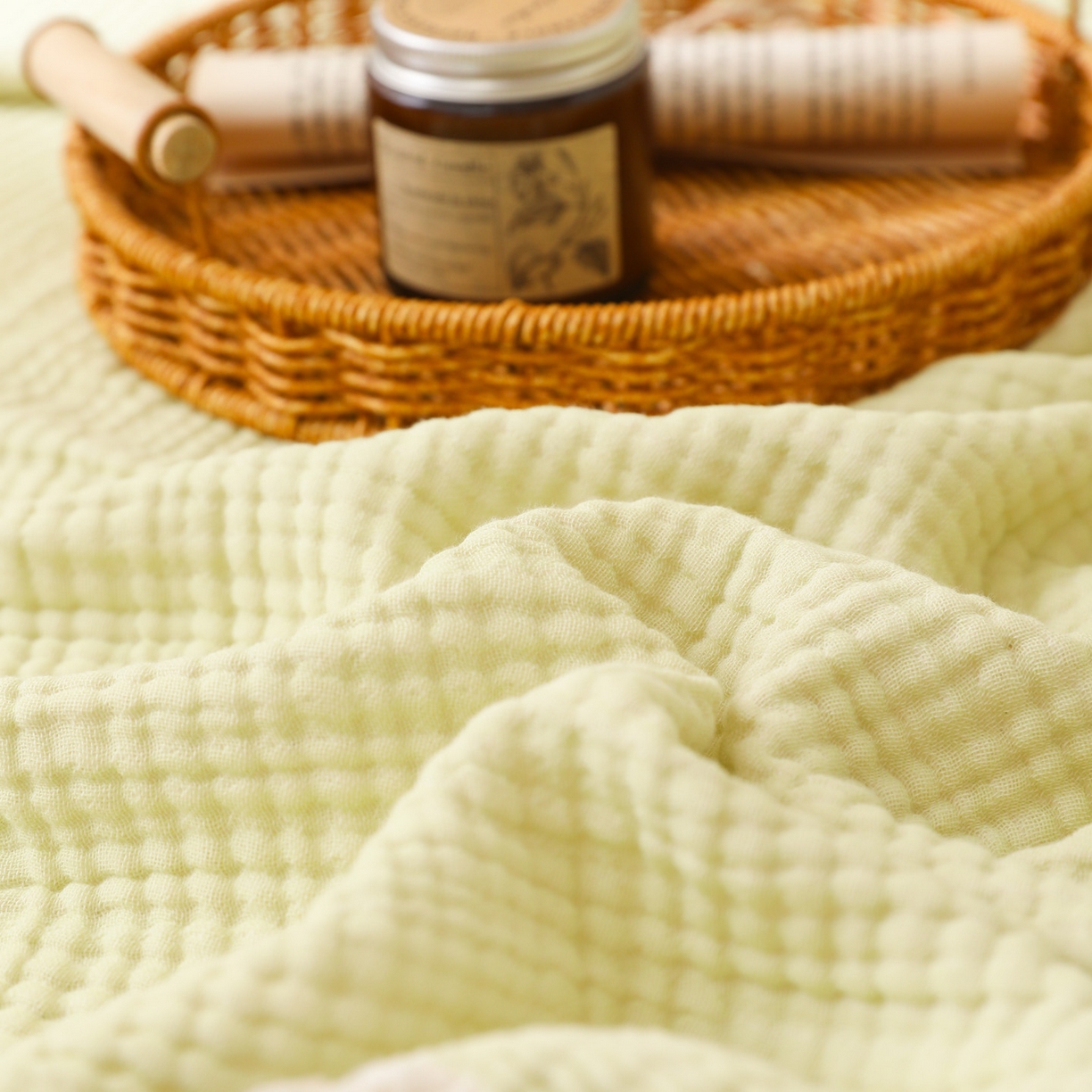 91家纺网 家纺一手货源 找家纺 简宜家居（朝初家纺） 2025新款全棉100%棉四层纱流苏边毛毯子 流苏-浅豆绿