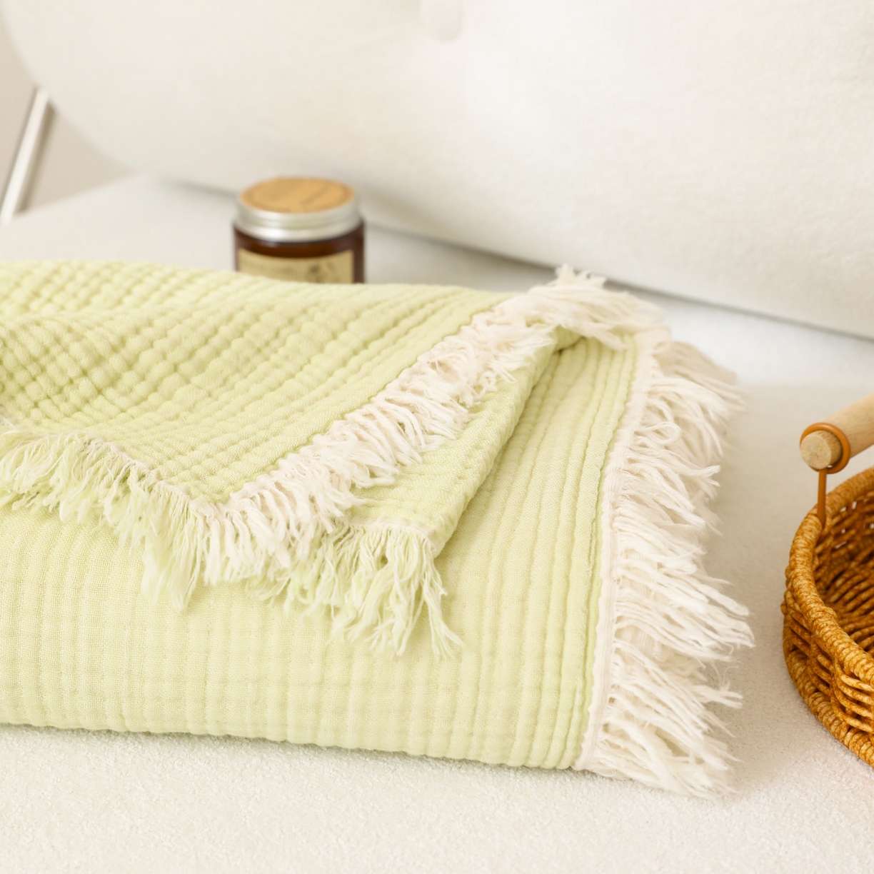 91家纺网 家纺一手货源 找家纺 简宜家居（朝初家纺） 2025新款全棉100%棉四层纱流苏边毛毯子 流苏-浅豆绿