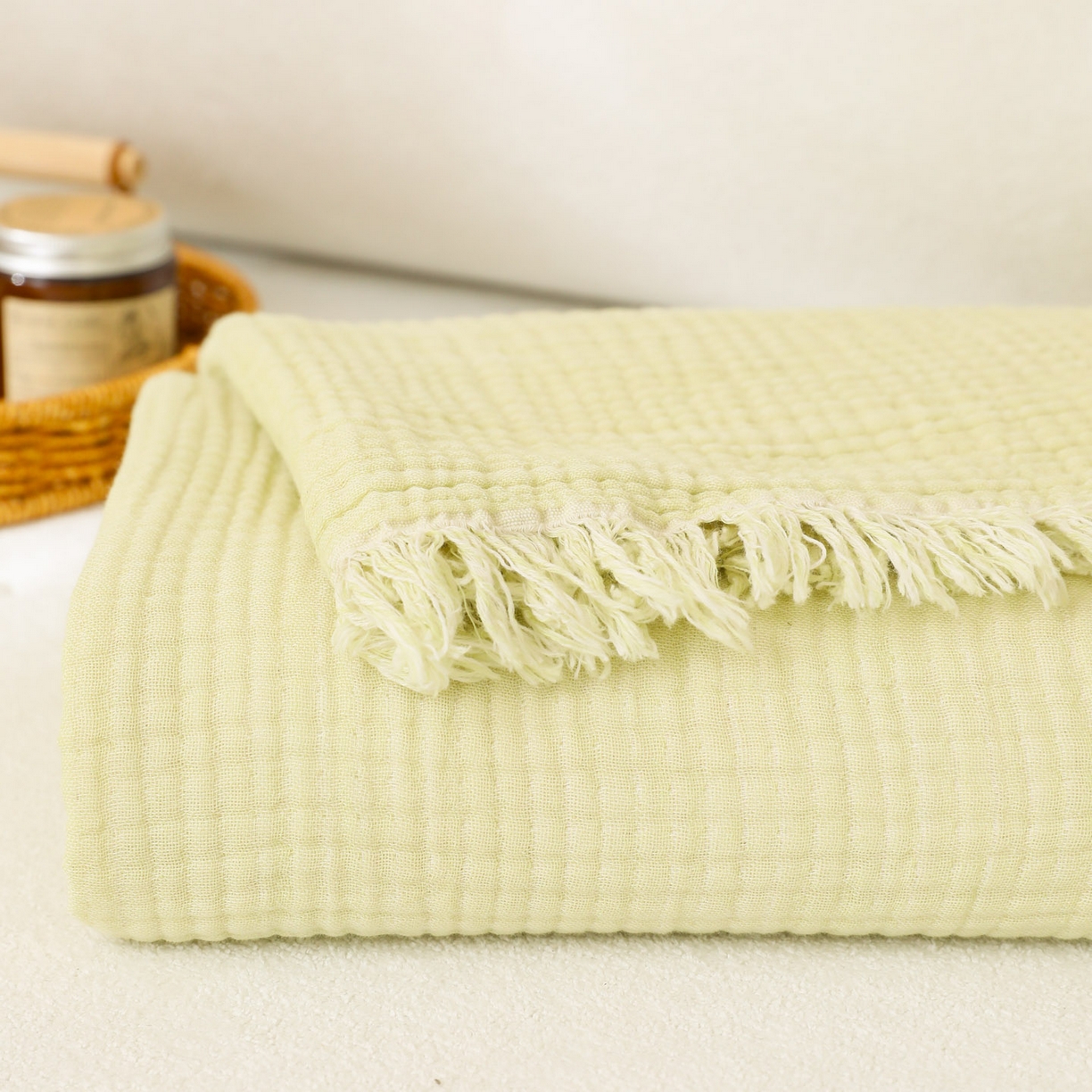 91家纺网 家纺一手货源 找家纺 简宜家居（朝初家纺） 2025新款全棉100%棉四层纱流苏边毛毯子 流苏-浅豆绿