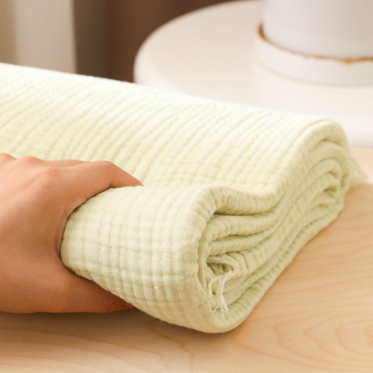 91家纺网 家纺一手货源 找家纺 简宜家居（朝初家纺） 2025新款全棉100%棉四层纱流苏边毛毯子 流苏-浅豆绿