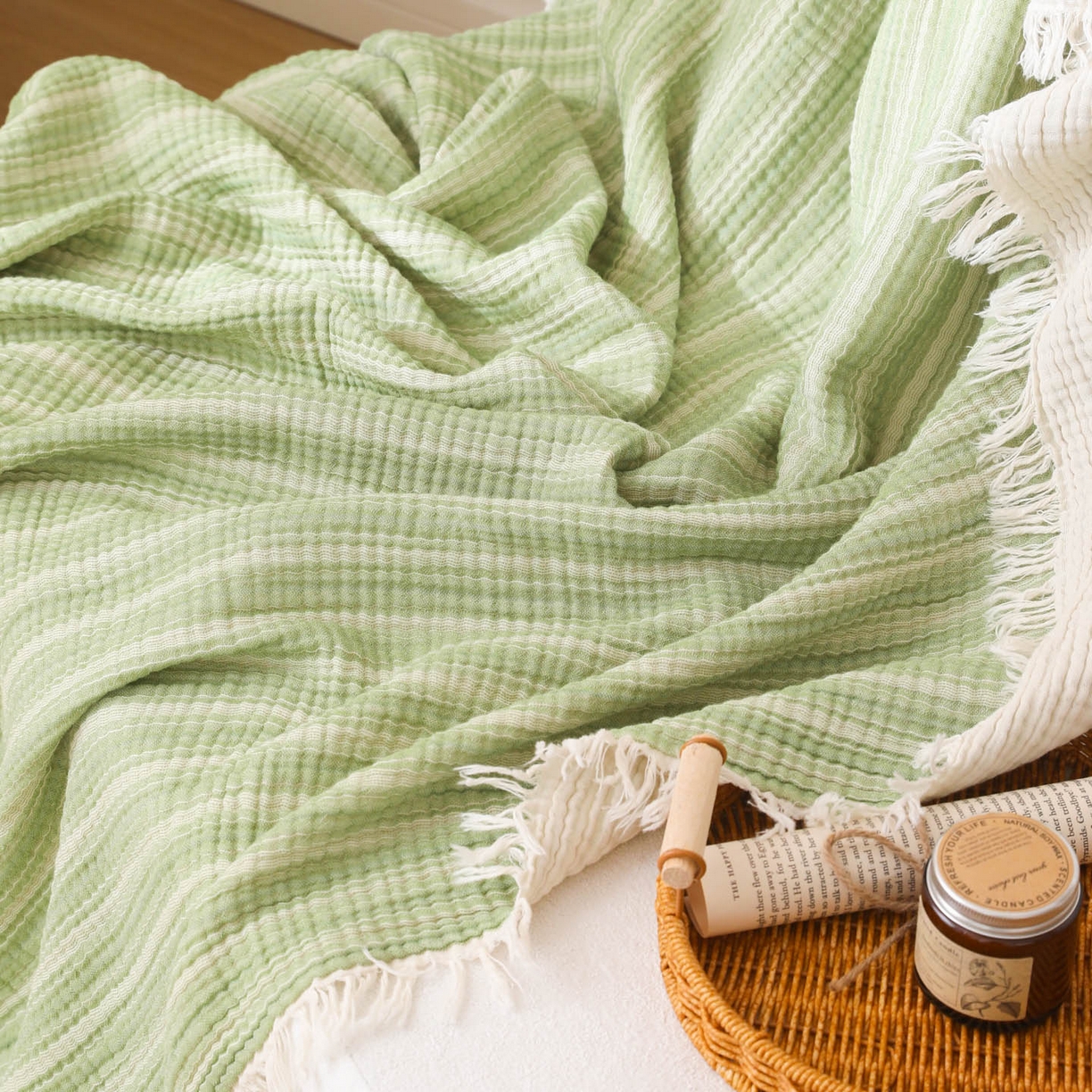 91家纺网 家纺一手货源 找家纺 简宜家居（朝初家纺） 2025新款全棉100%棉四层纱流苏边毛毯子 流苏-青柠绿