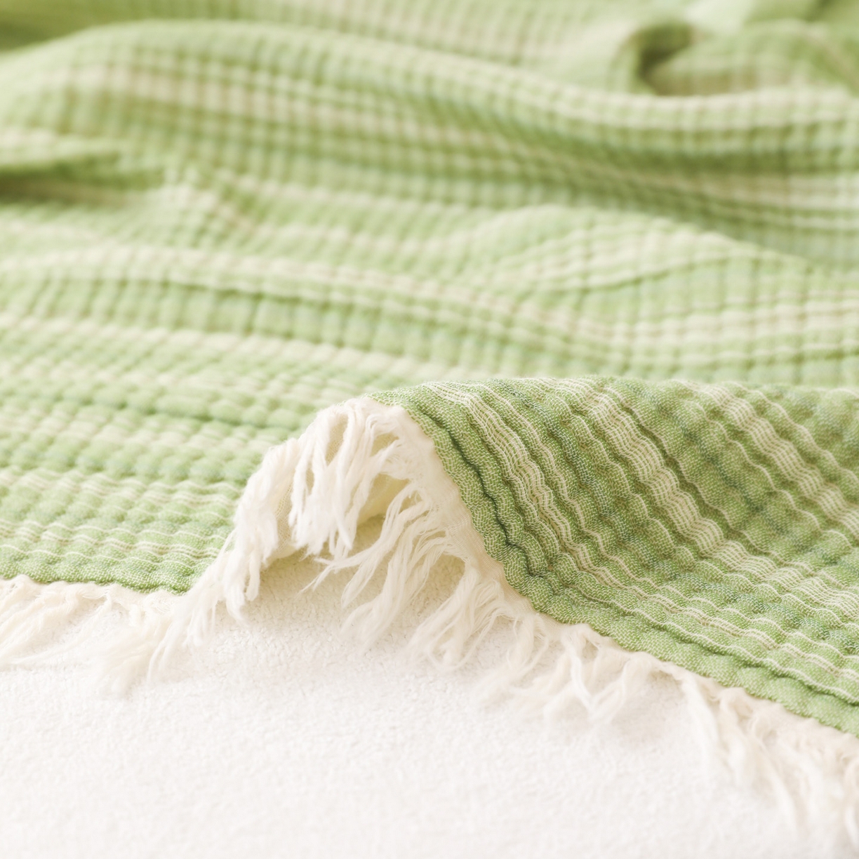 91家纺网 家纺一手货源 找家纺 简宜家居（朝初家纺） 2025新款全棉100%棉四层纱流苏边毛毯子 流苏-青柠绿