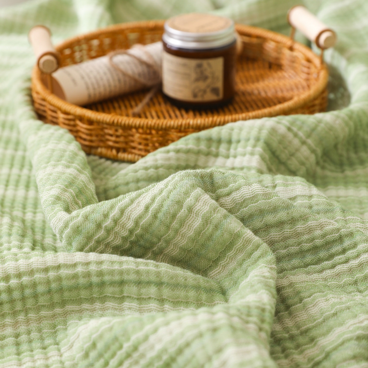 91家纺网 家纺一手货源 找家纺 简宜家居（朝初家纺） 2025新款全棉100%棉四层纱流苏边毛毯子 流苏-青柠绿