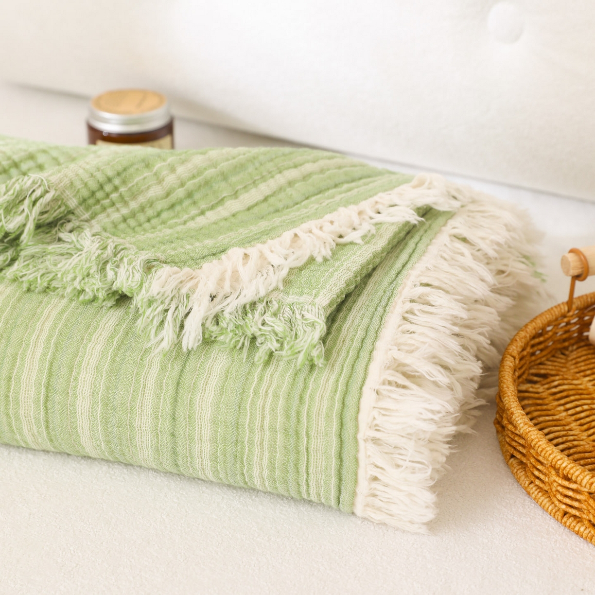 91家纺网 家纺一手货源 找家纺 简宜家居（朝初家纺） 2025新款全棉100%棉四层纱流苏边毛毯子 流苏-青柠绿
