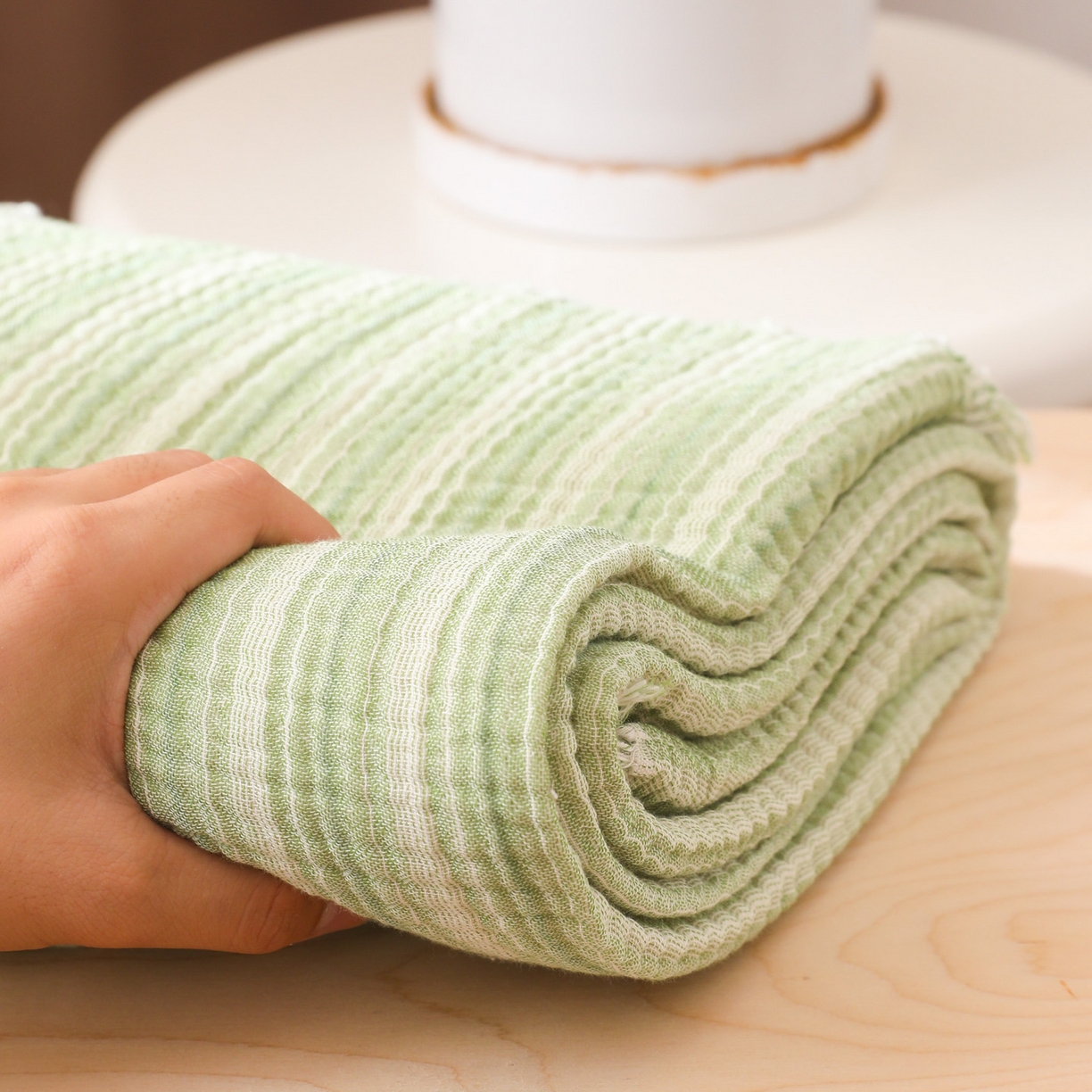 91家纺网 家纺一手货源 找家纺 简宜家居（朝初家纺） 2025新款全棉100%棉四层纱流苏边毛毯子 流苏-青柠绿