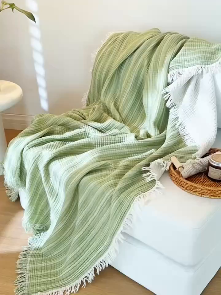 91家纺网 家纺一手货源 找家纺 简宜家居（朝初家纺） 2025新款全棉100%棉四层纱流苏边毛毯子 流苏-青柠绿