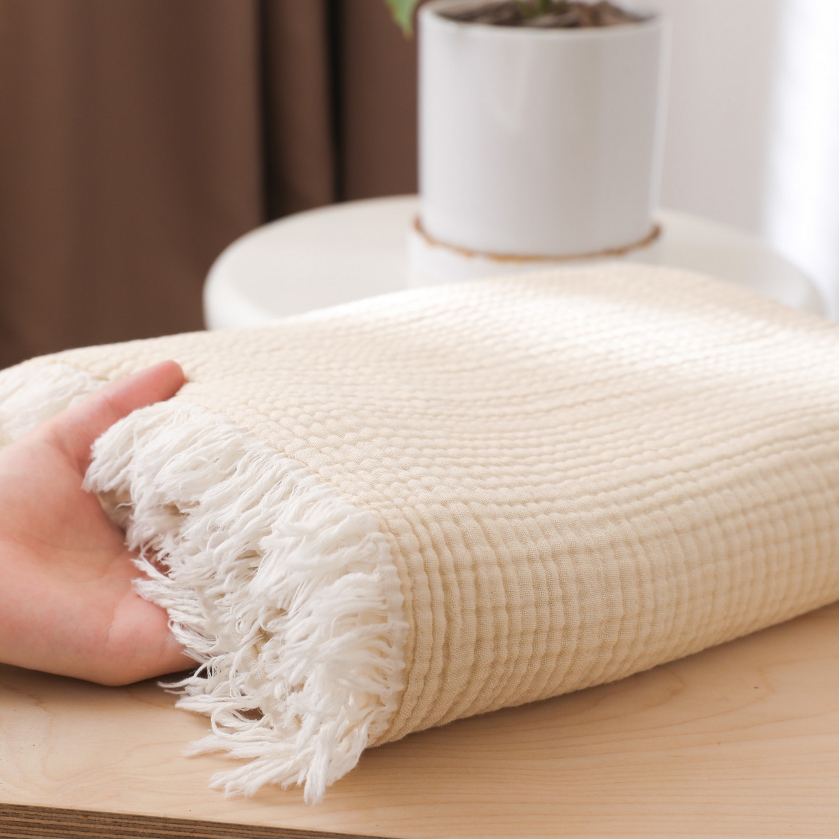 简宜家居（朝初家纺） 2025新款全棉100%棉四层纱流苏边毛毯子 流苏-云絮白