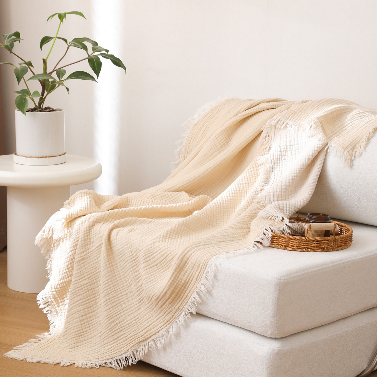 91家纺网 家纺一手货源 找家纺 简宜家居（朝初家纺） 2025新款全棉100%棉四层纱流苏边毛毯子 流苏-云絮白