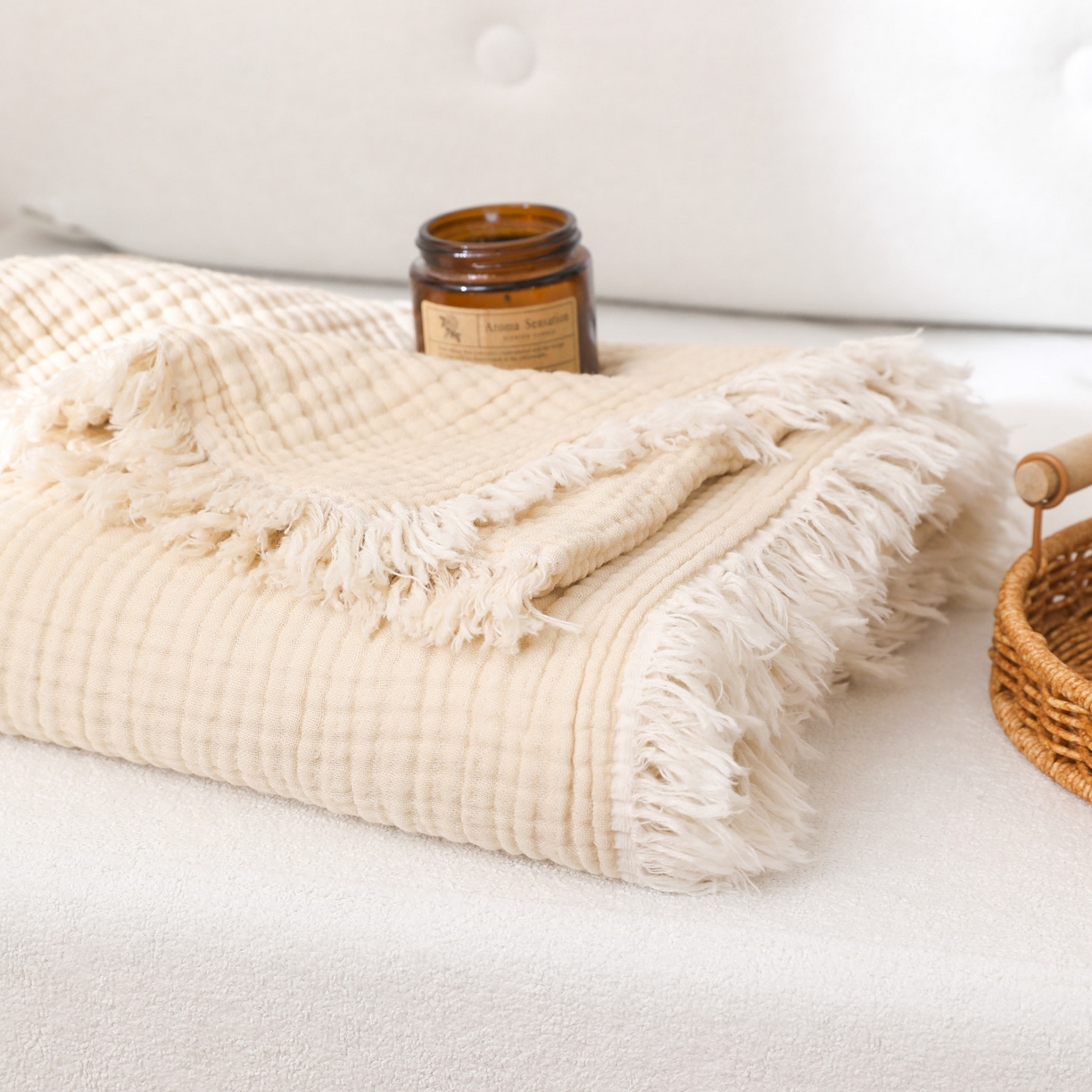 91家纺网 家纺一手货源 找家纺 简宜家居（朝初家纺） 2025新款全棉100%棉四层纱流苏边毛毯子 流苏-云絮白