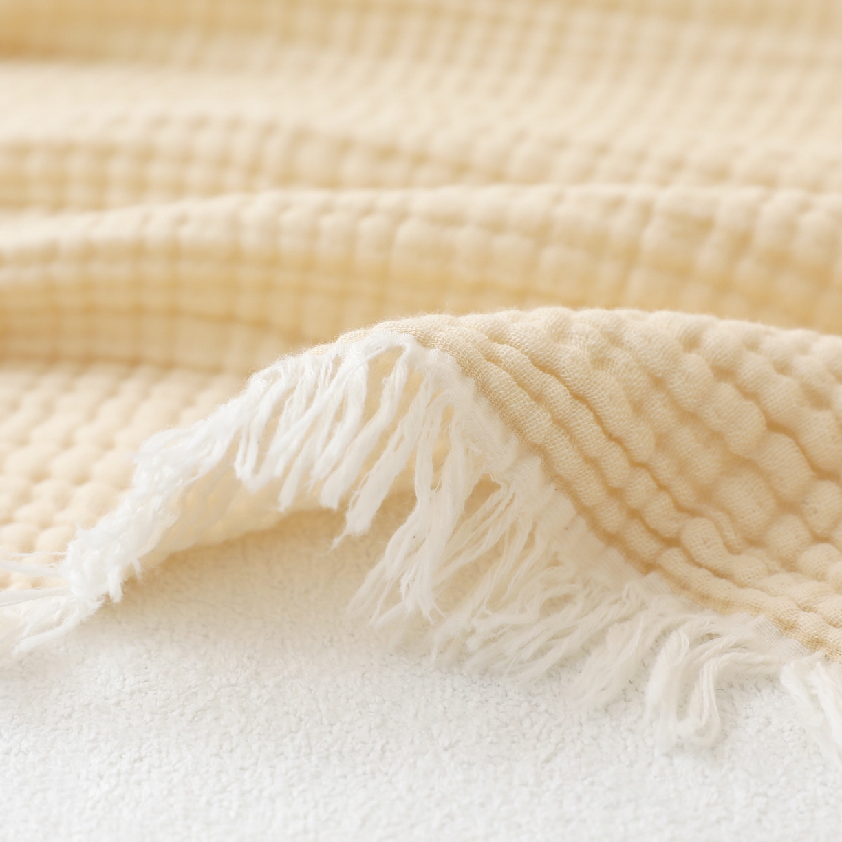 91家纺网 家纺一手货源 找家纺 简宜家居（朝初家纺） 2025新款全棉100%棉四层纱流苏边毛毯子 流苏-云絮白