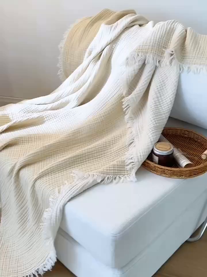 91家纺网 家纺一手货源 找家纺 简宜家居（朝初家纺） 2025新款全棉100%棉四层纱流苏边毛毯子 流苏-云絮白