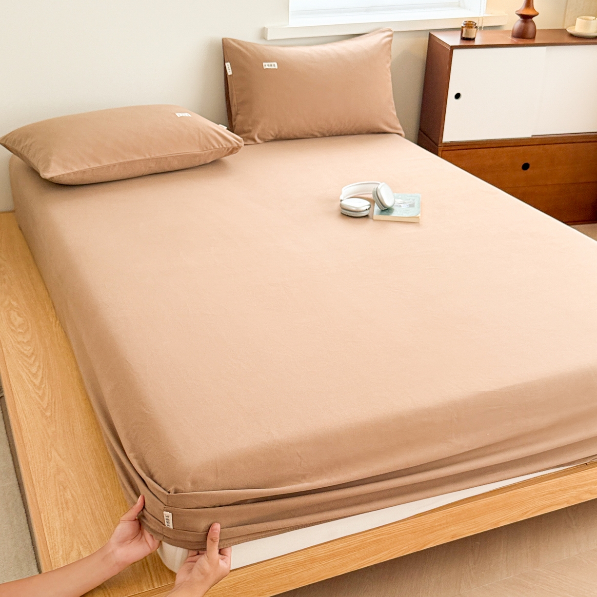 91家纺网 家纺一手货源 找家纺 （总）眠博士 2025新款A类纯色全棉磨毛大床床笠三件套