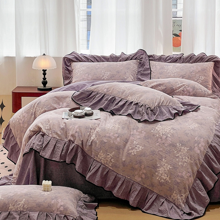 91家纺网 家纺一手货源 找家纺 （赛丽雅）2025秋冬新品130克加厚复古风印花磨毛四件套 可颂