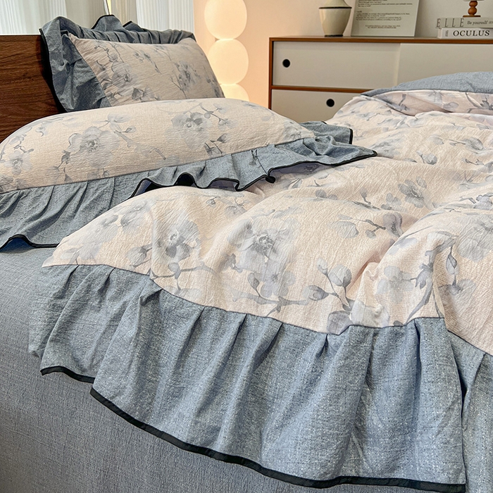 91家纺网 家纺一手货源 找家纺 （赛丽雅）2025秋冬新品130克加厚复古风印花磨毛四件套 暮雪-灰