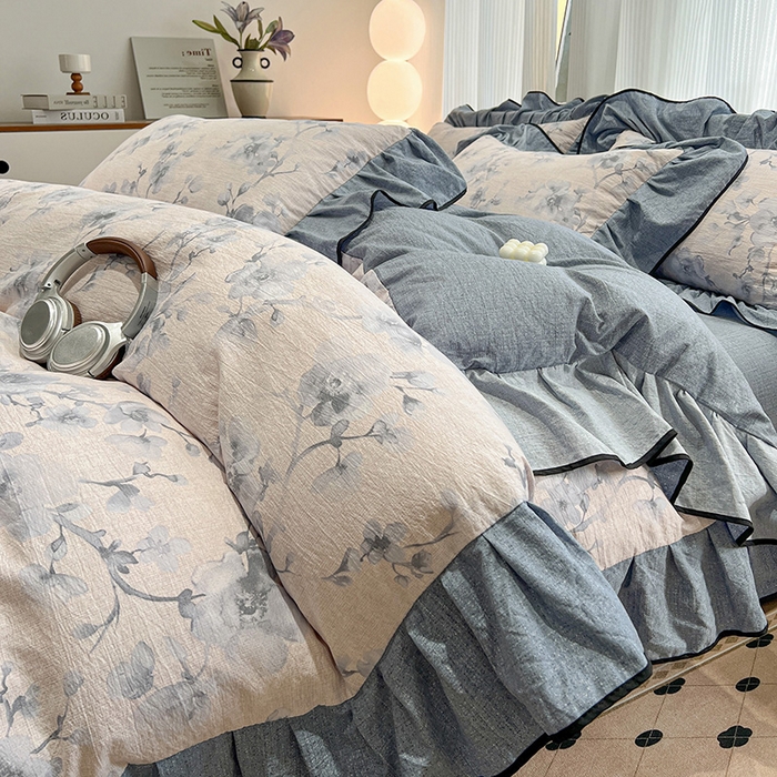 91家纺网 家纺一手货源 找家纺 （赛丽雅）2025秋冬新品130克加厚复古风印花磨毛四件套 暮雪-灰