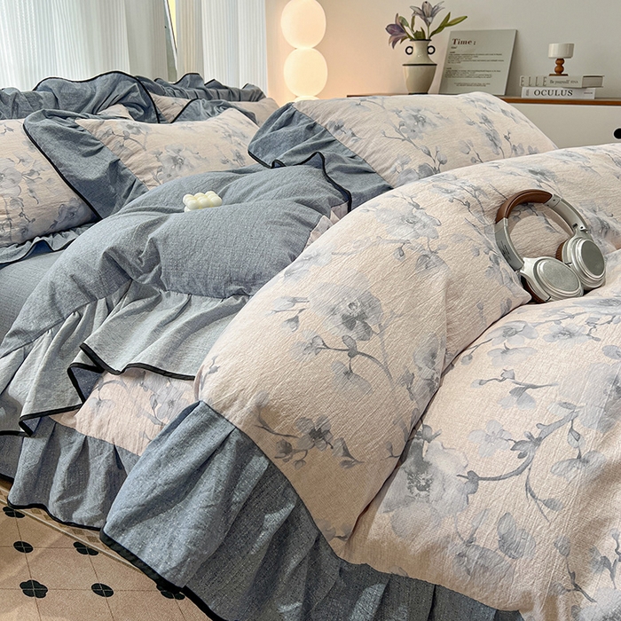 （赛丽雅）2025秋冬新品130克加厚复古风印花磨毛四件套 暮雪-灰