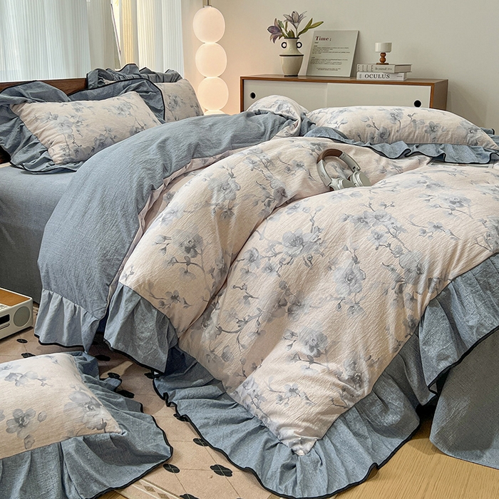 91家纺网 家纺一手货源 找家纺 （赛丽雅）2025秋冬新品130克加厚复古风印花磨毛四件套 暮雪-灰