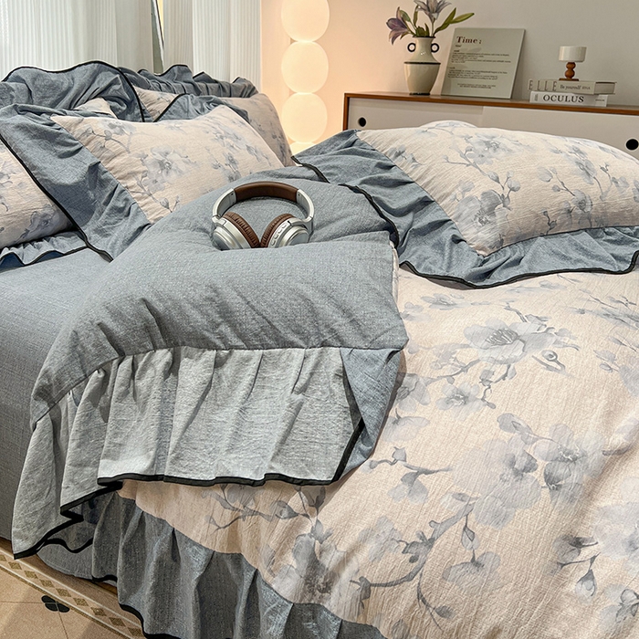 91家纺网 家纺一手货源 找家纺 （赛丽雅）2025秋冬新品130克加厚复古风印花磨毛四件套 暮雪-灰