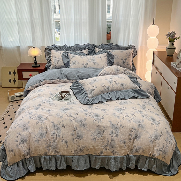 91家纺网 家纺一手货源 找家纺 （赛丽雅）2025秋冬新品130克加厚复古风印花磨毛四件套 暮雪-灰