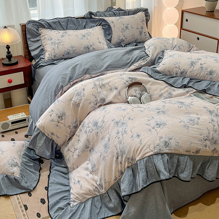 91家纺网 家纺一手货源 找家纺 （赛丽雅）2025秋冬新品130克加厚复古风印花磨毛四件套 暮雪-灰