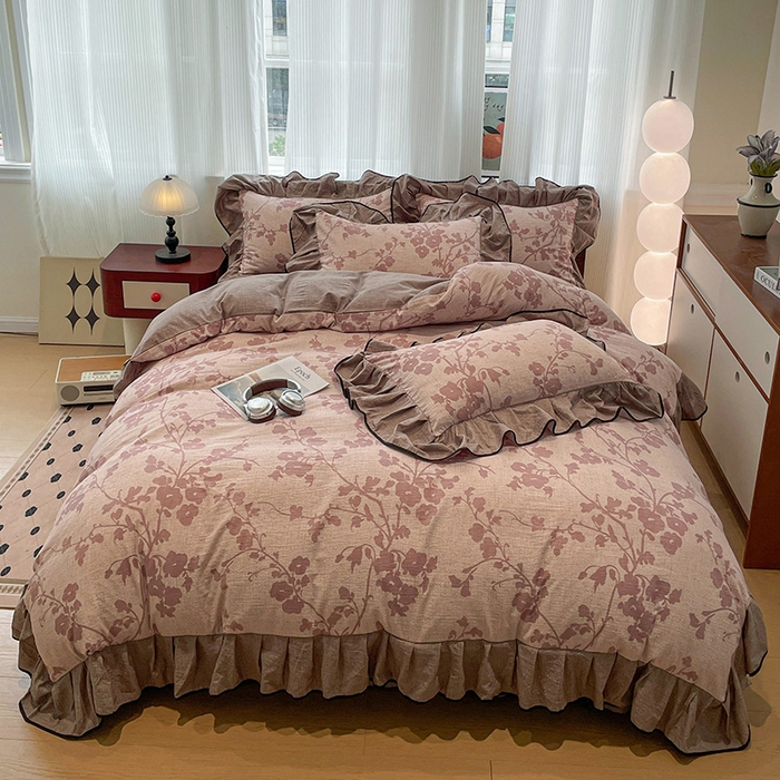 91家纺网 家纺一手货源 找家纺 （赛丽雅）2025秋冬新品130克加厚复古风印花磨毛四件套 悄颜