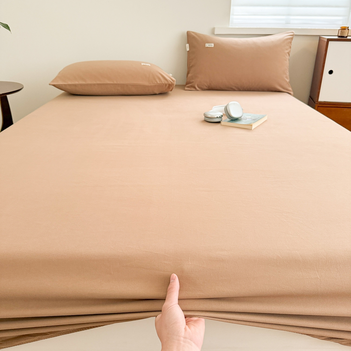 91家纺网 家纺一手货源 找家纺 眠博士 2025新款A类纯色全棉磨毛大床床笠三件套 磨毛床笠-陶瓷卡其