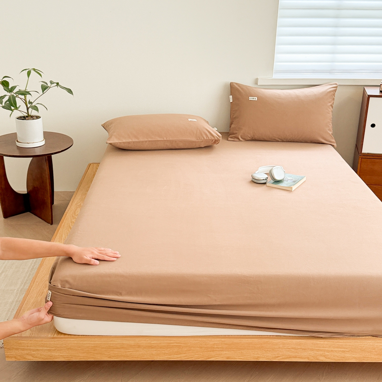 91家纺网 家纺一手货源 找家纺 眠博士 2025新款A类纯色全棉磨毛大床床笠三件套 磨毛床笠-陶瓷卡其