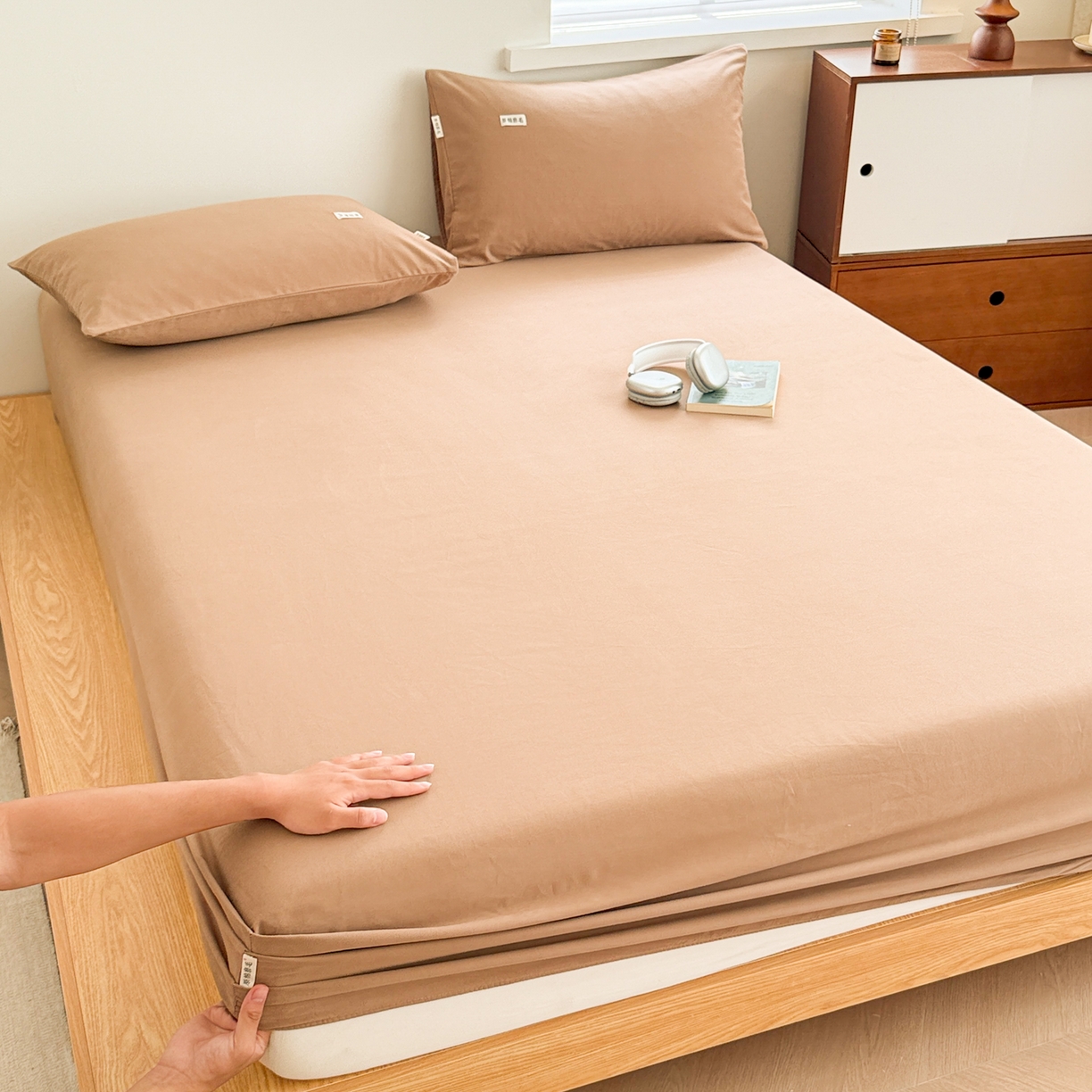 91家纺网 家纺一手货源 找家纺 眠博士 2025新款A类纯色全棉磨毛大床床笠三件套 磨毛床笠-陶瓷卡其