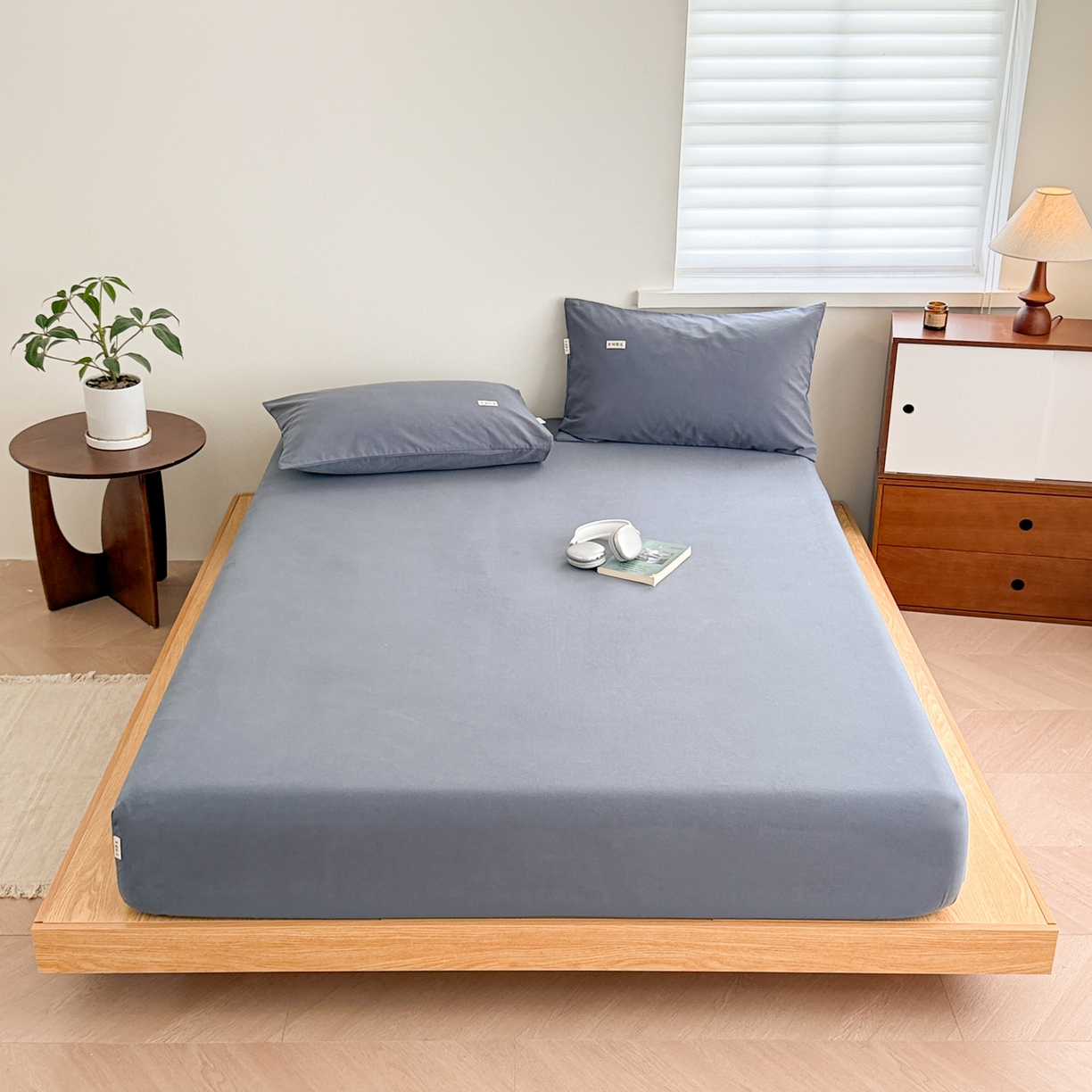 91家纺网 家纺一手货源 找家纺 眠博士 2025新款A类纯色全棉磨毛大床床笠三件套 磨毛床笠-陶瓷深蓝