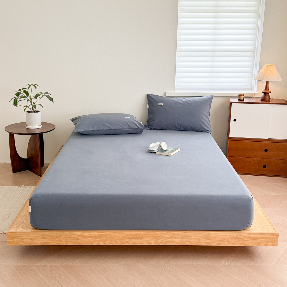 91家纺网 家纺一手货源 找家纺 眠博士 2025新款A类纯色全棉磨毛大床床笠三件套 磨毛床笠-陶瓷深蓝