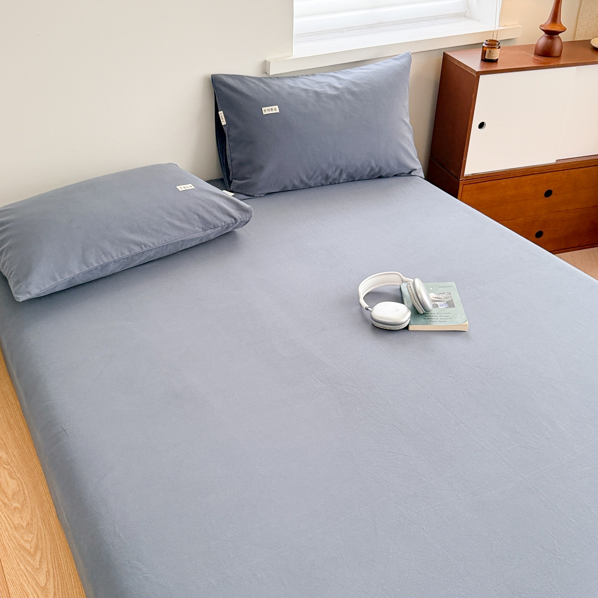 91家纺网 家纺一手货源 找家纺 眠博士 2025新款A类纯色全棉磨毛大床床笠三件套 磨毛床笠-陶瓷深蓝