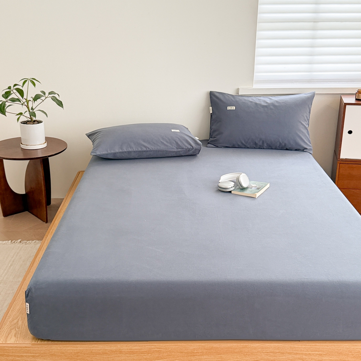 91家纺网 家纺一手货源 找家纺 眠博士 2025新款A类纯色全棉磨毛大床床笠三件套 磨毛床笠-陶瓷深蓝