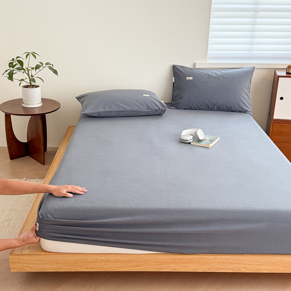 91家纺网 家纺一手货源 找家纺 眠博士 2025新款A类纯色全棉磨毛大床床笠三件套 磨毛床笠-陶瓷深蓝