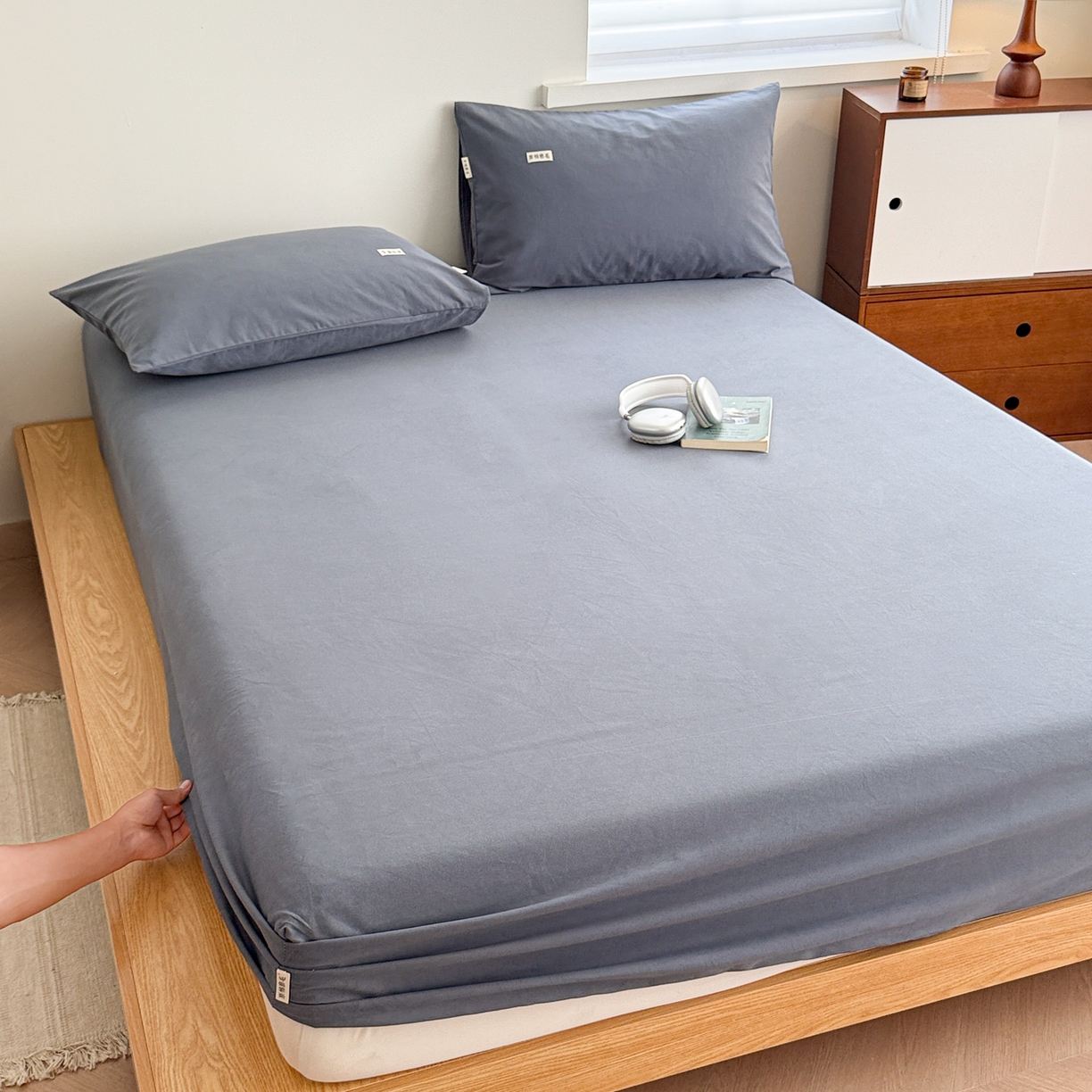 91家纺网 家纺一手货源 找家纺 眠博士 2025新款A类纯色全棉磨毛大床床笠三件套 磨毛床笠-陶瓷深蓝