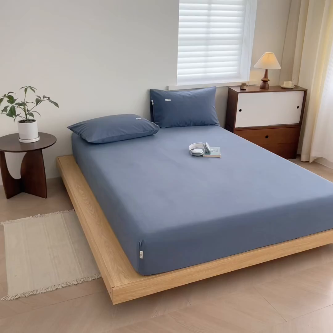 91家纺网 家纺一手货源 找家纺 眠博士 2025新款A类纯色全棉磨毛大床床笠三件套 磨毛床笠-陶瓷深蓝