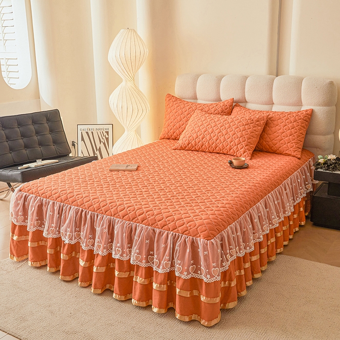 91家纺网 家纺一手货源 找家纺 艾裙海 2025新款云朵棉蕾丝刺绣花边夹棉床裙单床裙床裙单件爱心系列 爱心橙