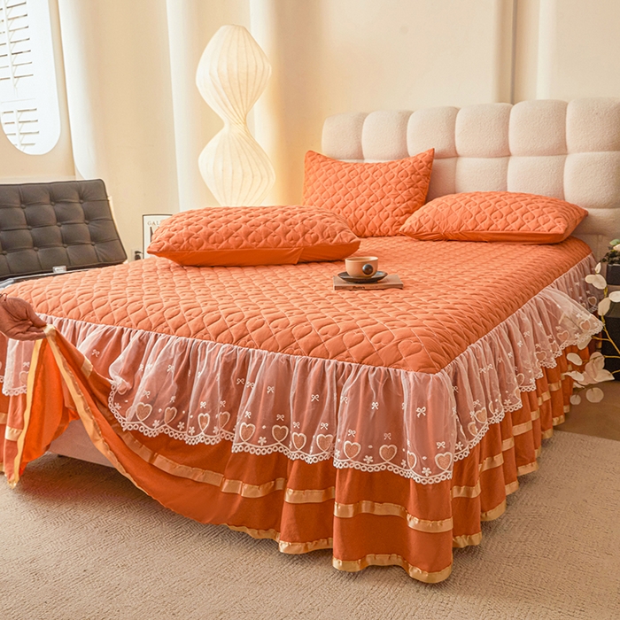 91家纺网 家纺一手货源 找家纺 艾裙海 2025新款云朵棉蕾丝刺绣花边夹棉床裙单床裙床裙单件爱心系列 爱心橙