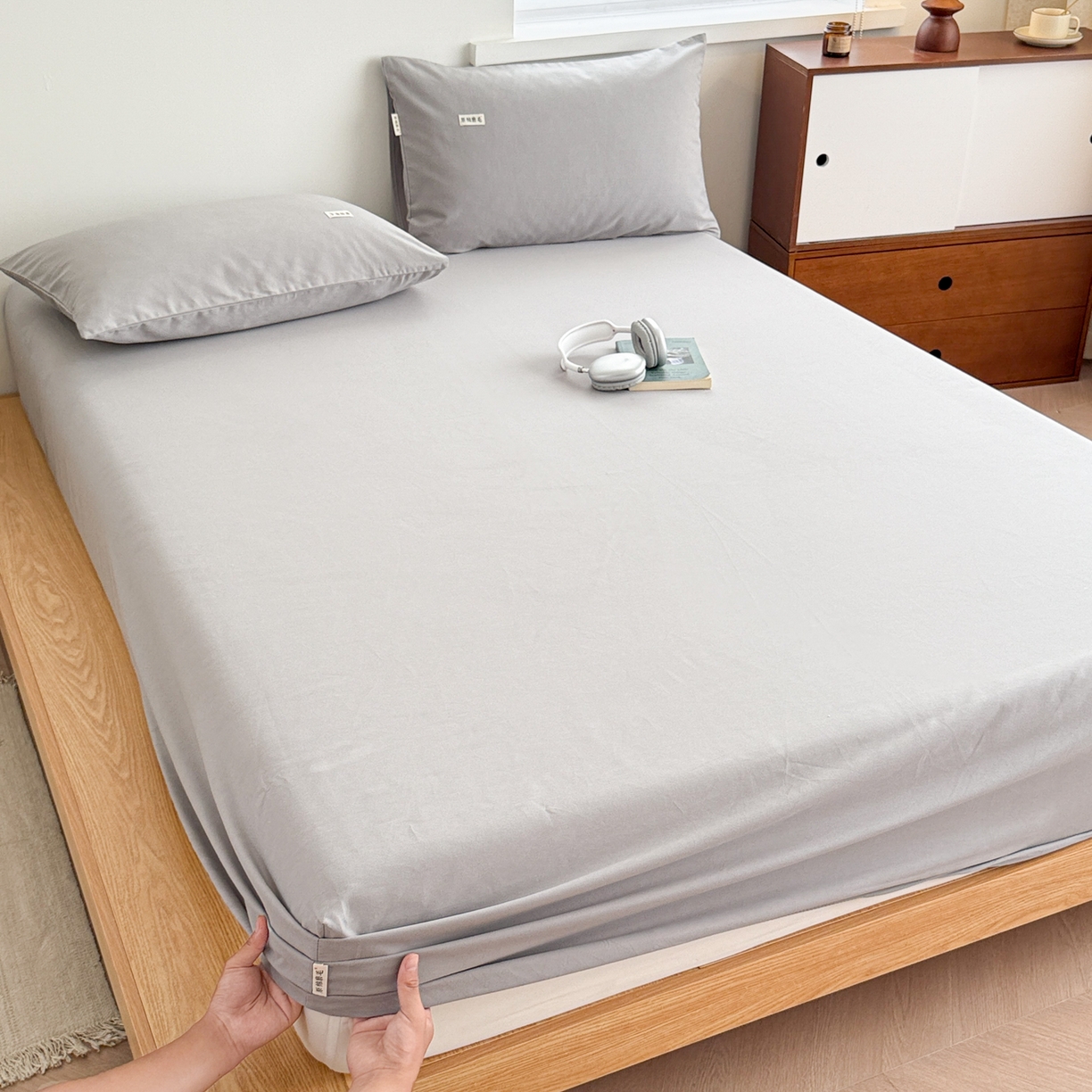 91家纺网 家纺一手货源 找家纺 眠博士 2025新款A类纯色全棉磨毛大床床笠三件套 磨毛床笠-陶瓷浅灰